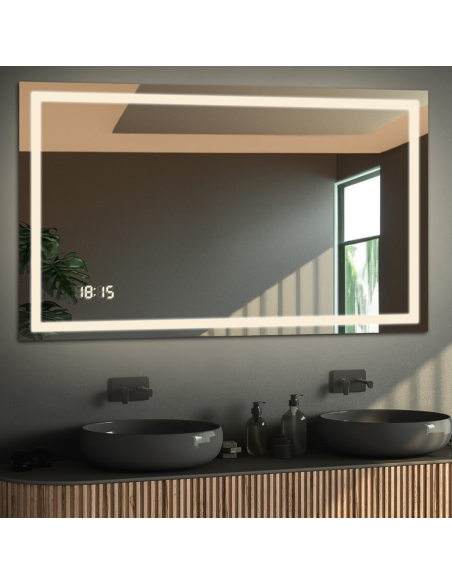 Łazienkowe lustro prostokątne z zegarem cyfrowym - EMI LED PREMIUM
