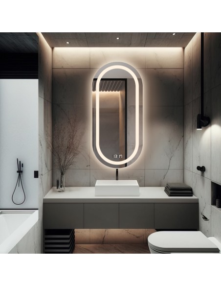 Łazienkowe lustro owalne z zegarem cyfrowym - HOLI LED PREMIUM