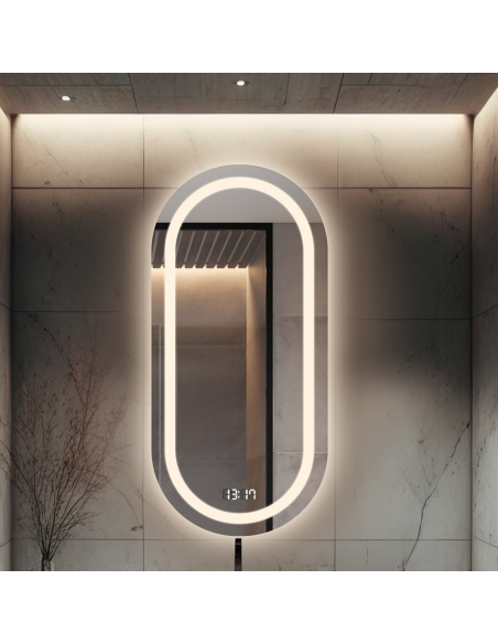 Łazienkowe lustro owalne z zegarem cyfrowym - HOLI LED PREMIUM