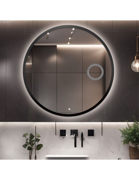 Łazienkowe lustro okrągłe w ramie z lusterkiem zoom i włącznikiem- OTTO LED PREMIUM