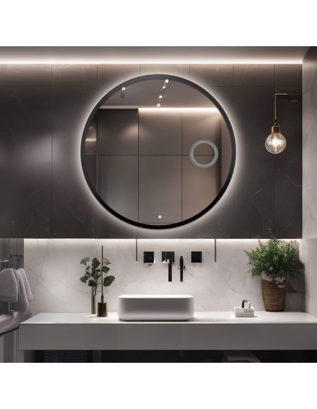 Łazienkowe lustro okrągłe w ramie z lusterkiem zoom i włącznikiem- OTTO LED PREMIUM