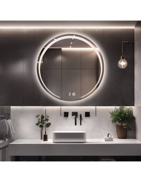 Łazienkowe lustro okrągłe z zegarem cyfrowym - NELA LED PREMIUM