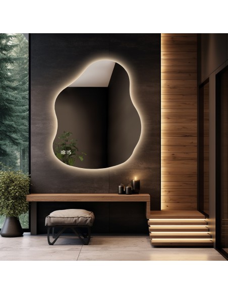Lustro łazienkowe o nieregularnym kształcie z zegarem cyfrowym - STONE LED PREMIUM