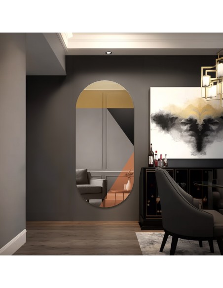 Owalne lustro z dekoracyjną kolorową taflą złoto miedzianą i czarnym lacobelem - RIO