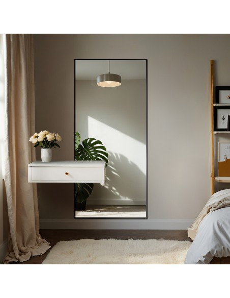 Nowoczesne duże lustro w drewnianej ramie z wycięciem na szafkę 1503