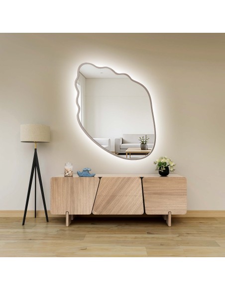 Lustro o organicznym kształcie w kaszmirowej ramie mdf z podświetleniem - MARIS SHELL LED W RAMIE