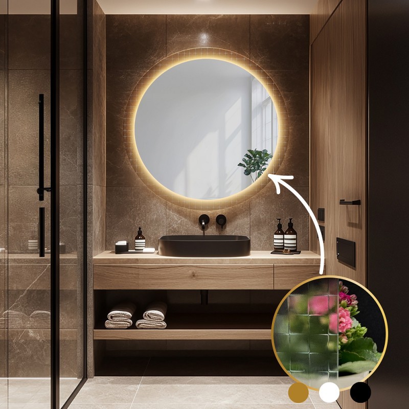 Okrągłe lustro na szkle ornamentowym master flex z podświetleniem - LUXORA FROSTED LED
