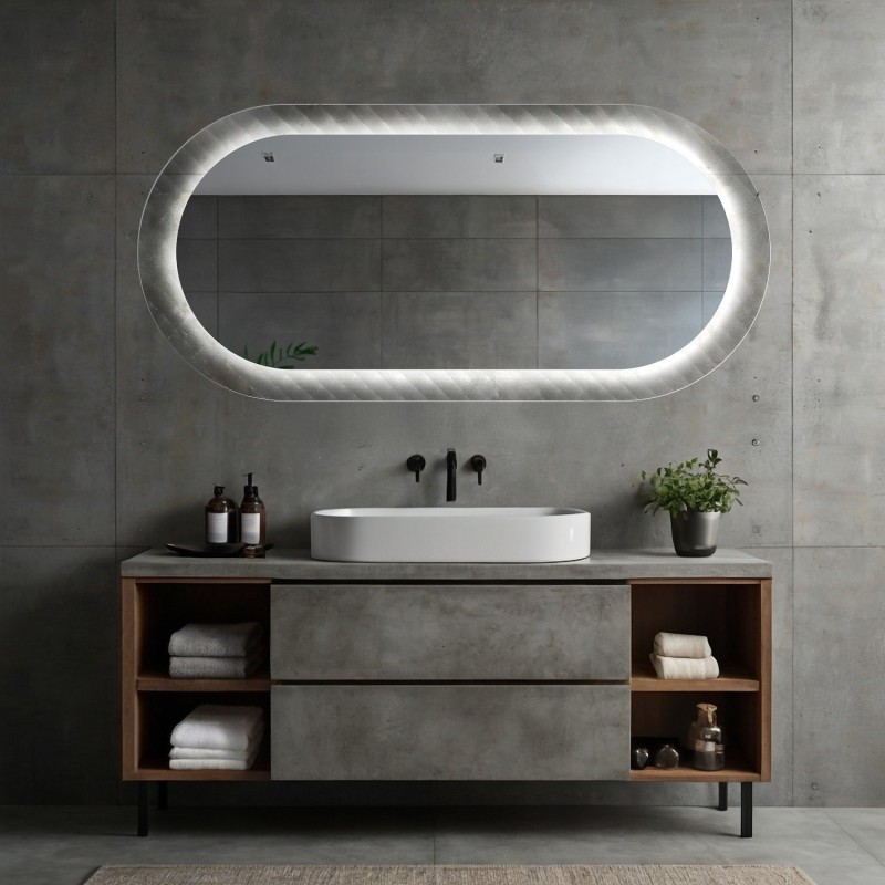 Owalne lustro na szkle ornamentowym master soft z podświetleniem - LUXORA VESPER LED