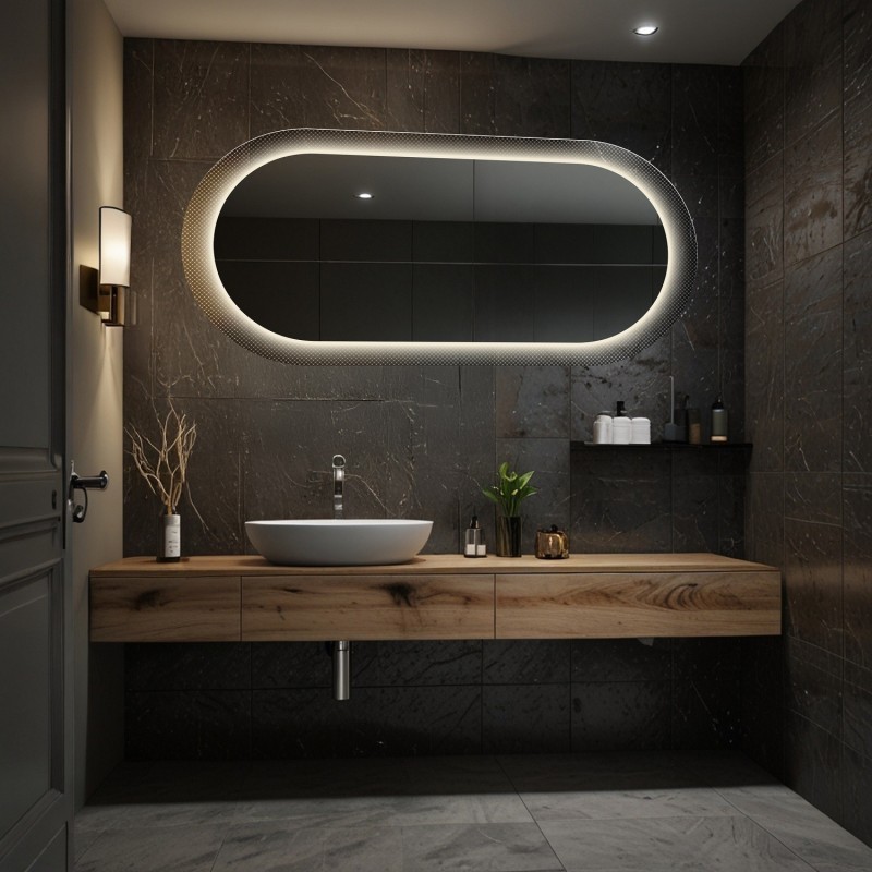Owalne lustro na szkle ornamentowym master point z podświetleniem - LUXORA ORNATE LED