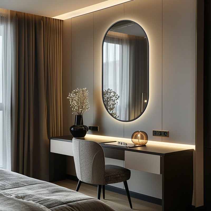 Lustro owalne w ramie czarnej MDF SLIM z podświetleniem - OLI LED