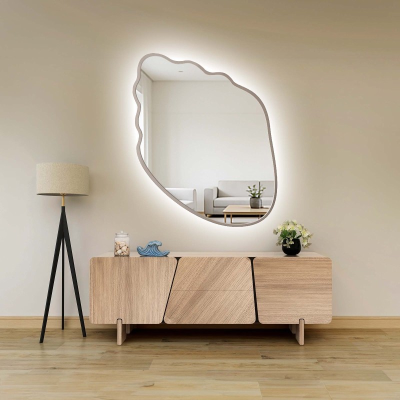 Lustro o organicznym kształcie w kaszmirowej ramie mdf z podświetleniem - MARIS SHELL LED W RAMIE