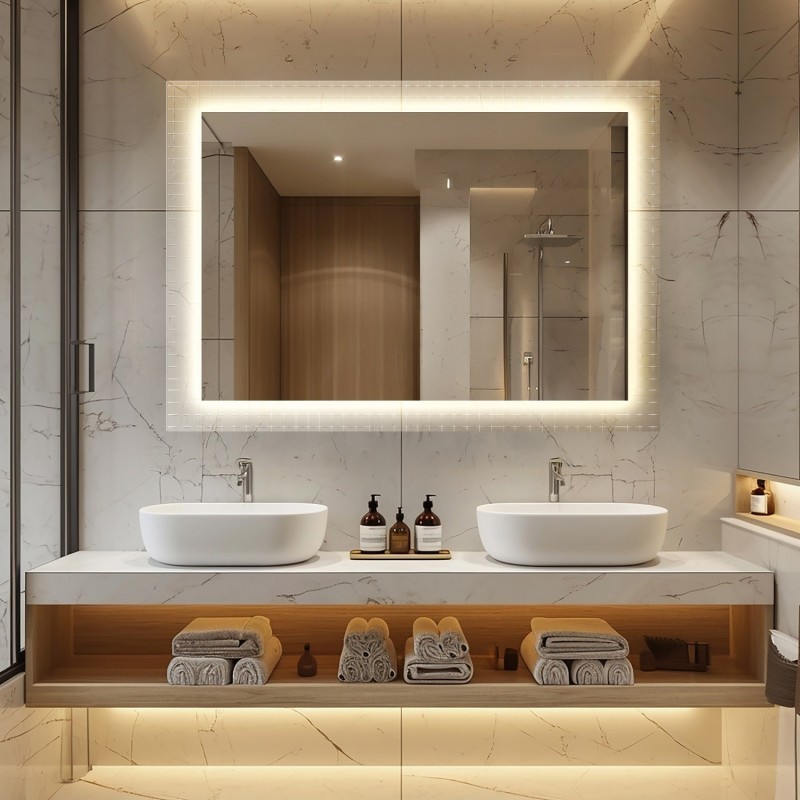 Lustro prostokątne na szkle ornamentowym master flex z podświetleniem - LUXORA ETERION LED 120x60 poziom - PROMOCJA W- 375