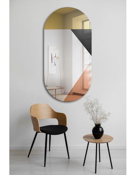 Owalne lustro z dekoracyjną kolorową taflą złoto miedzianą i czarnym lacobelem - RIO