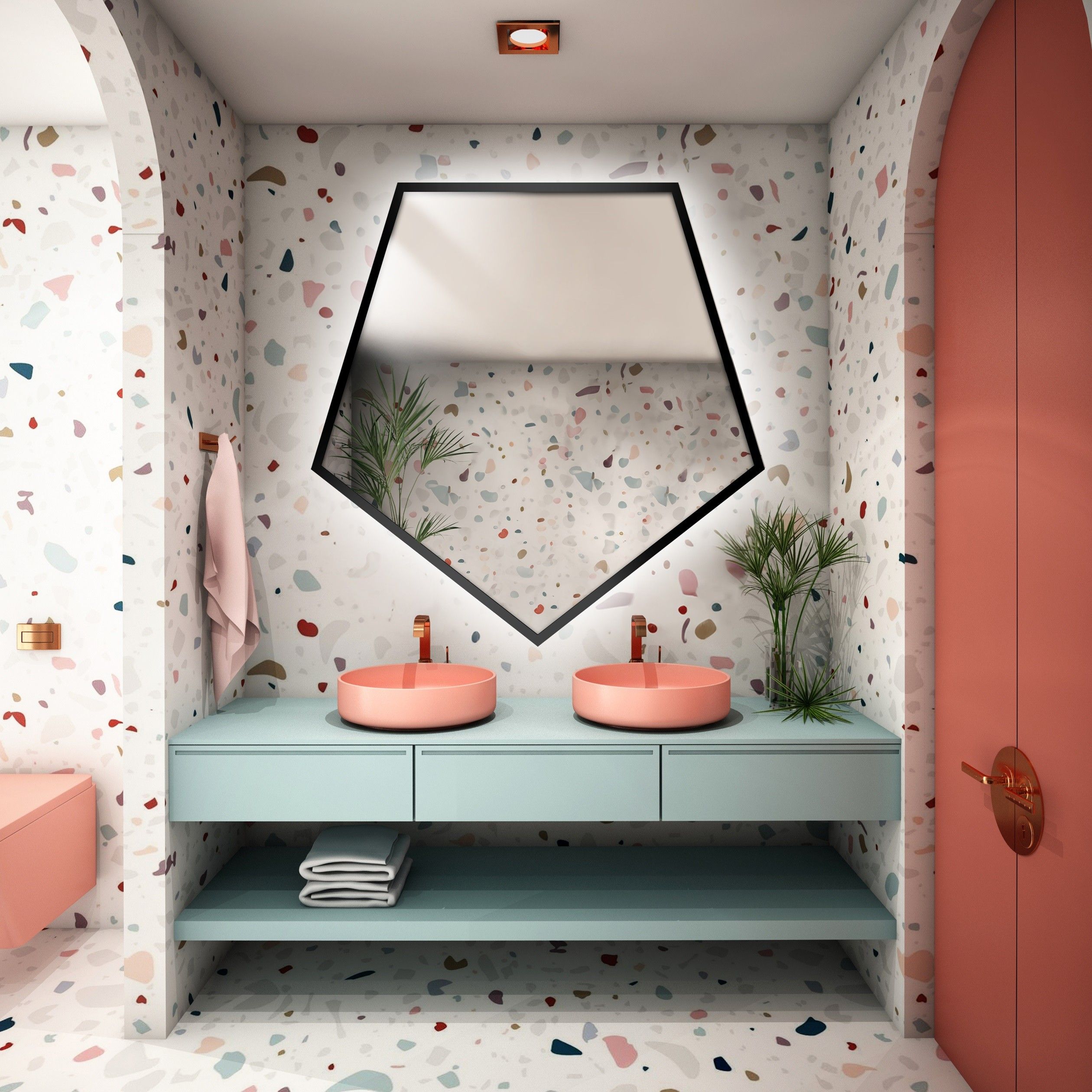 Lustro o geometrycznym kształcie w ramie z podświetleniem – PENTA W RAMIE LED