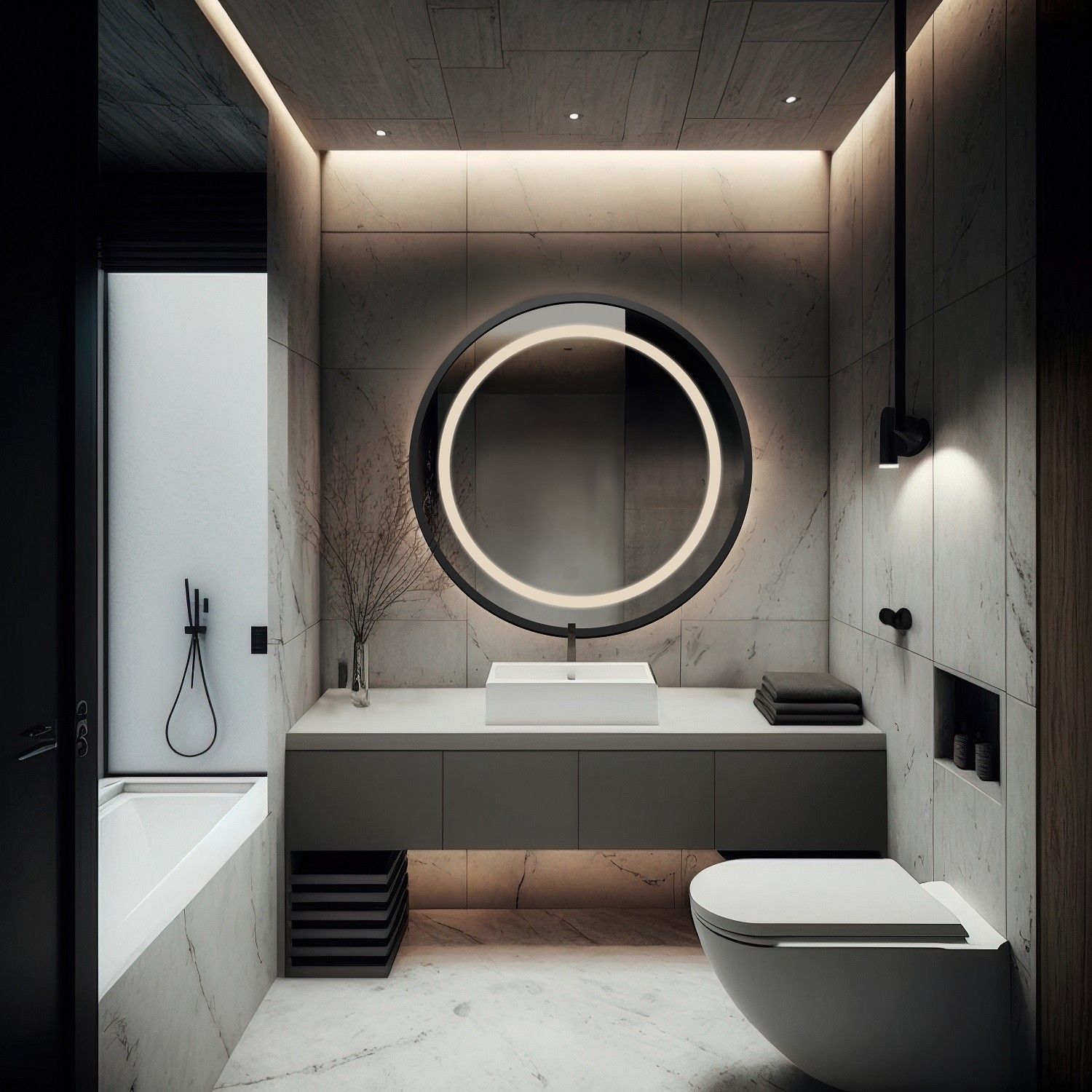 Lustro okrągłe w czarnej matowej ramie mdf z piaskowanym podświetleniem - LAURA LED