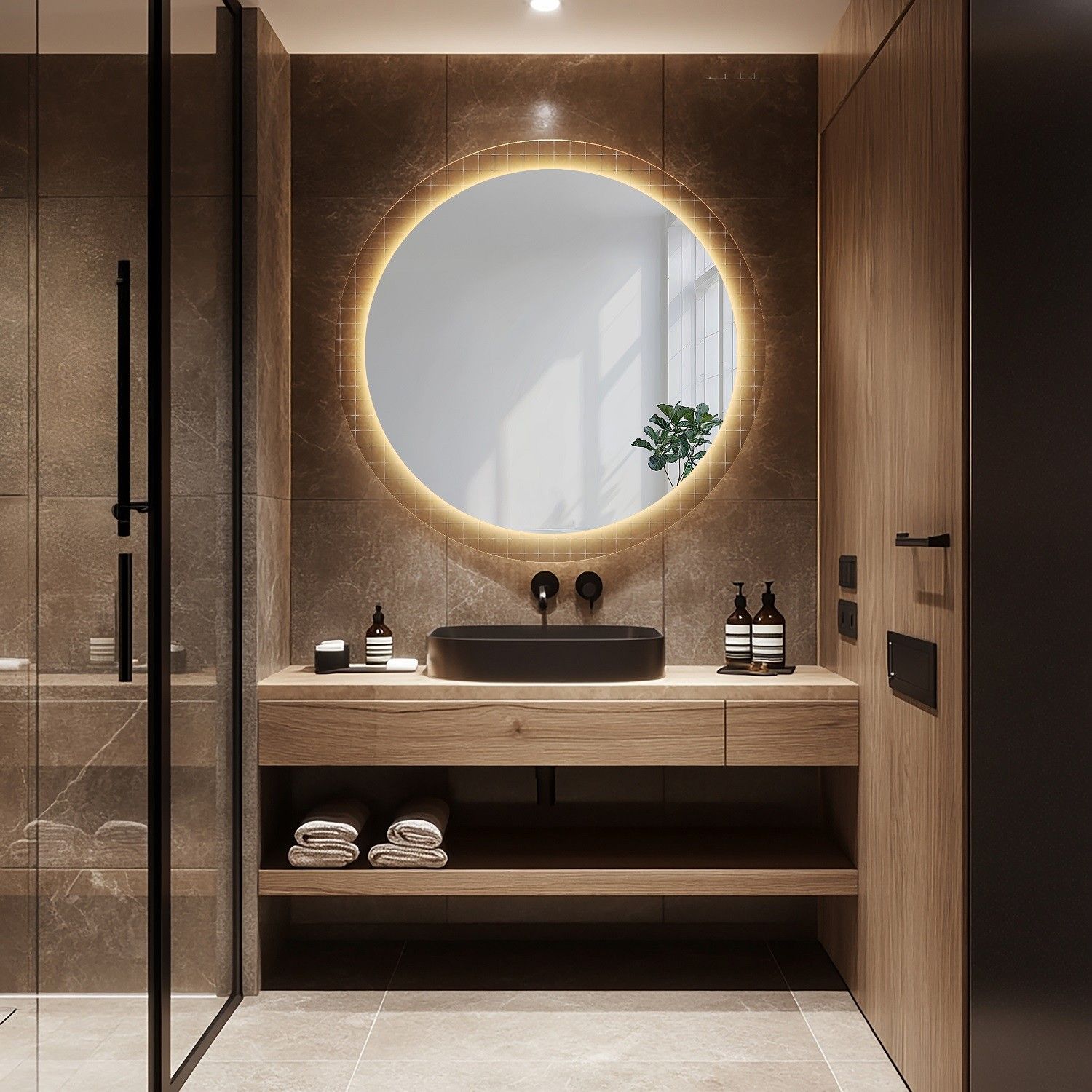 Okrągłe lustro na szkle ornamentowym master flex z podświetleniem - LUXORA FROSTED LED